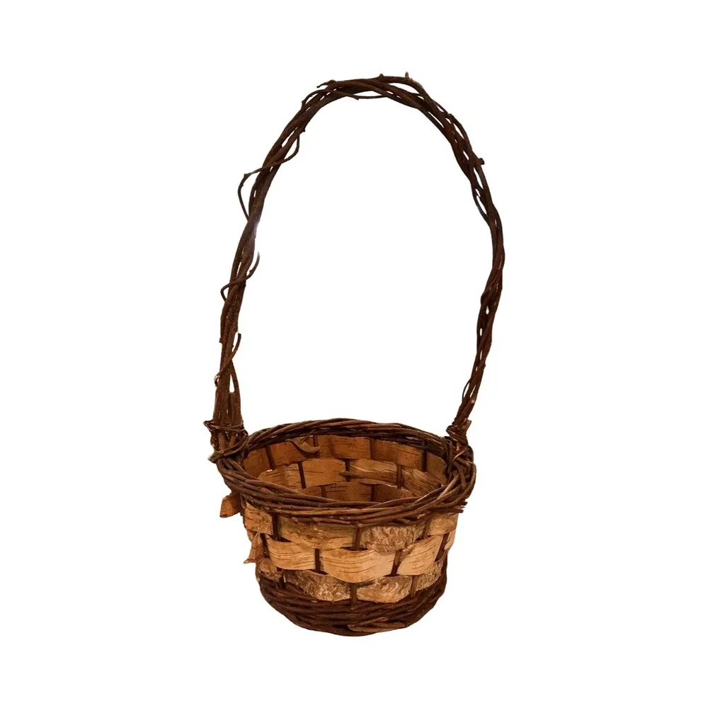 Vintage Grapevine and Wicker Basket Tall Arched Handle Rustic Farmhouse 16x8x7.5